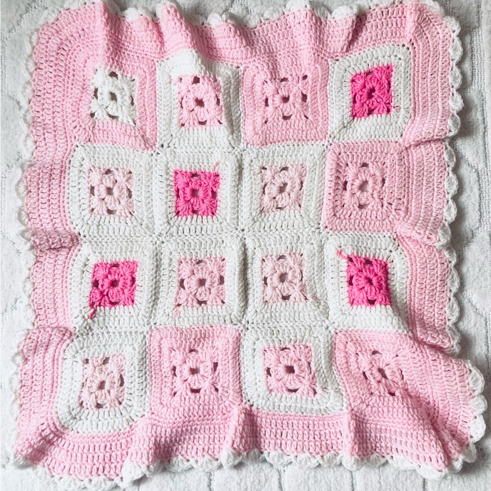 Handmade crochet granny square pink and white square doily 22”
